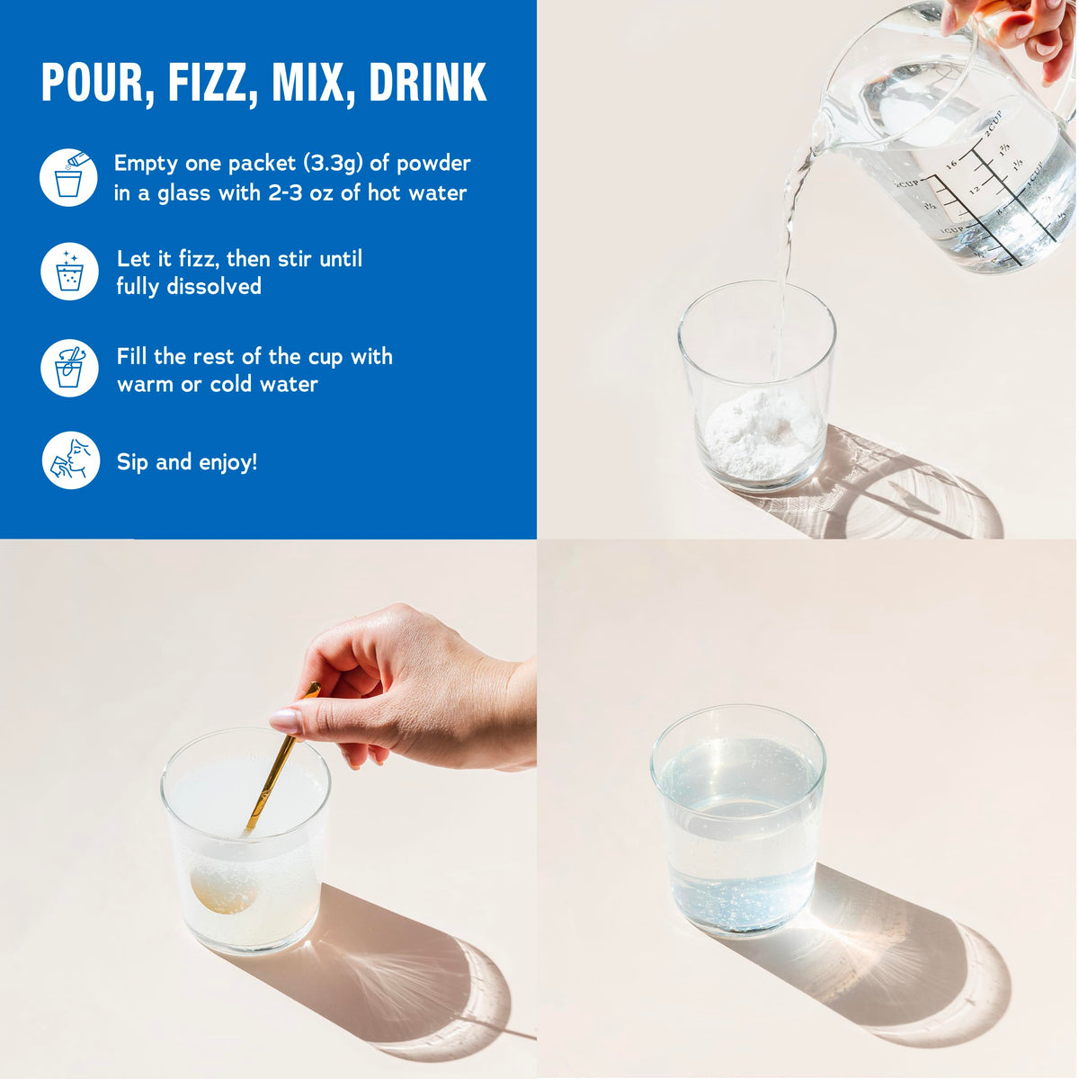 Poudre de magnésium Calm Natural Vitality dans un verre avec eau
