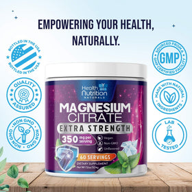 Poudre de magnésium citrate Health Nutrition Naturals dans un bol avec une cuillère