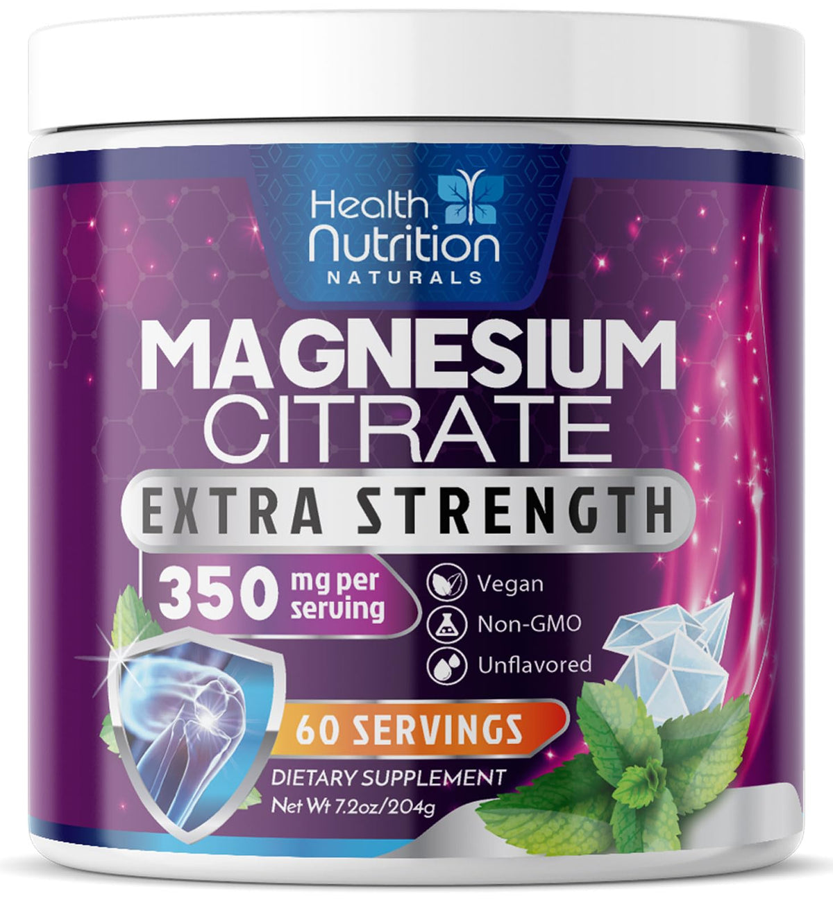 Poudre de magnésium citrate Health Nutrition Naturals vue avant