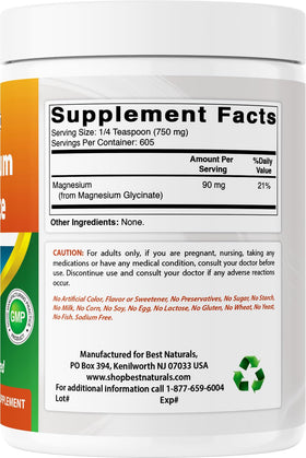 Poudre de magnésium glycinate Best Naturals 522g - devant un arrière-plan neutre