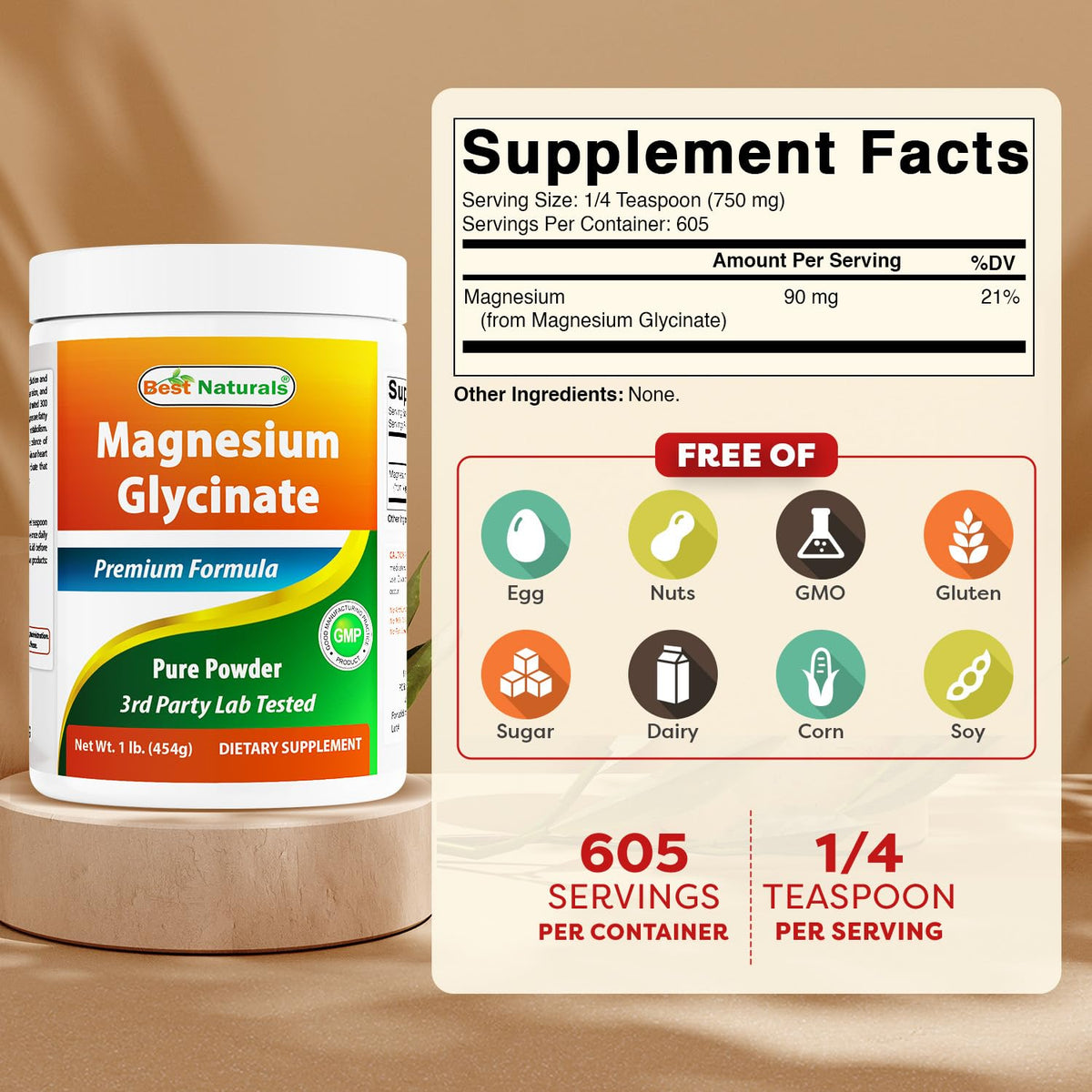 Poudre de magnésium glycinate Best Naturals 522g - étiquette avec ingrédients