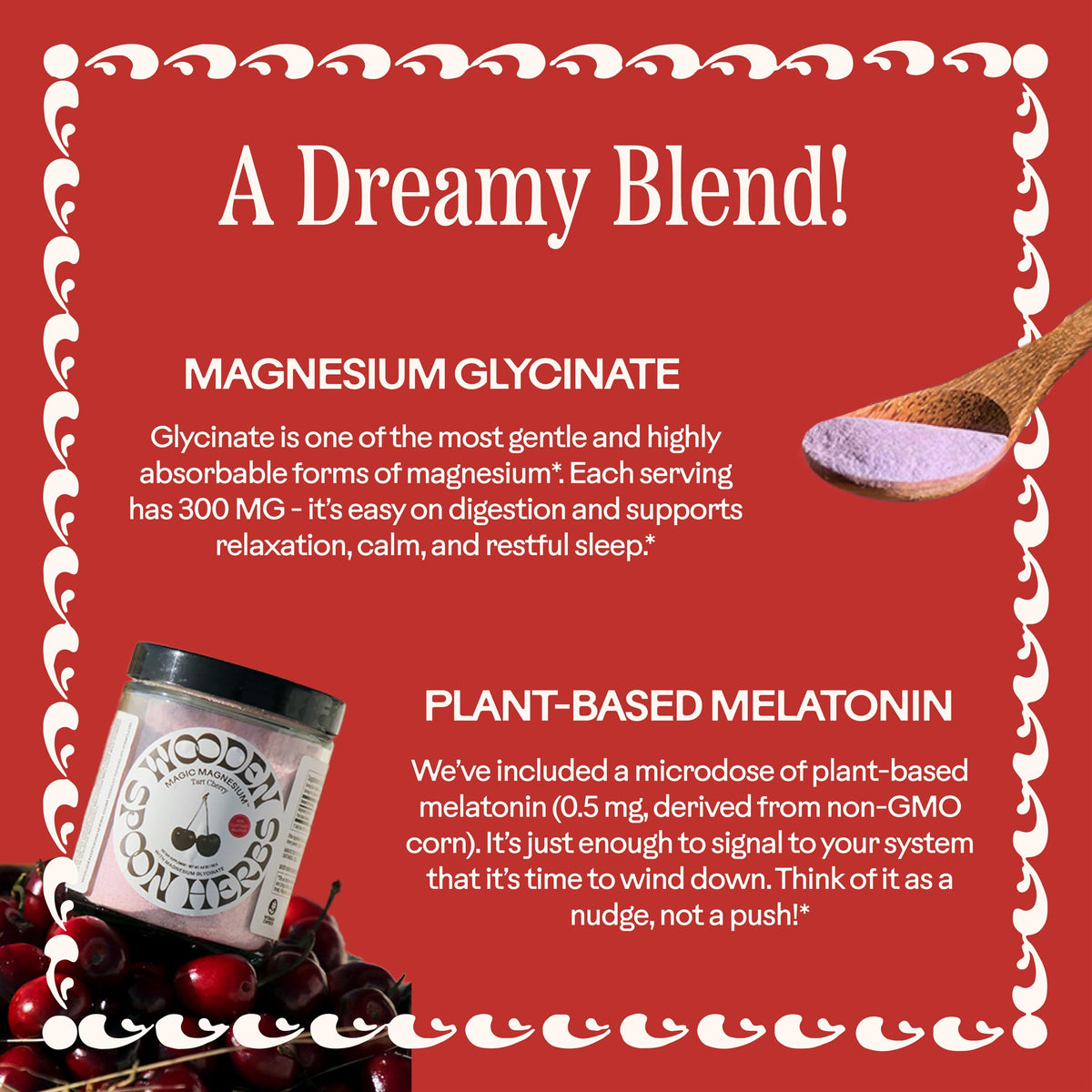 Poudre de magnésium glycinate Cerise Acidulée Wooden Spoon Herbs mélangée dans un verre d'eau