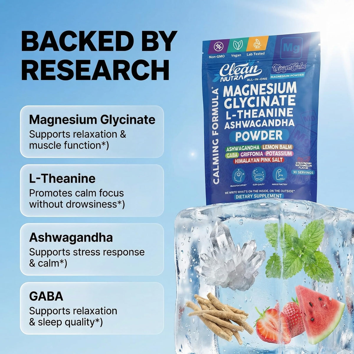 Poudre de magnésium glycinate Clean Nutraceuticals ingrédients sur l'emballage