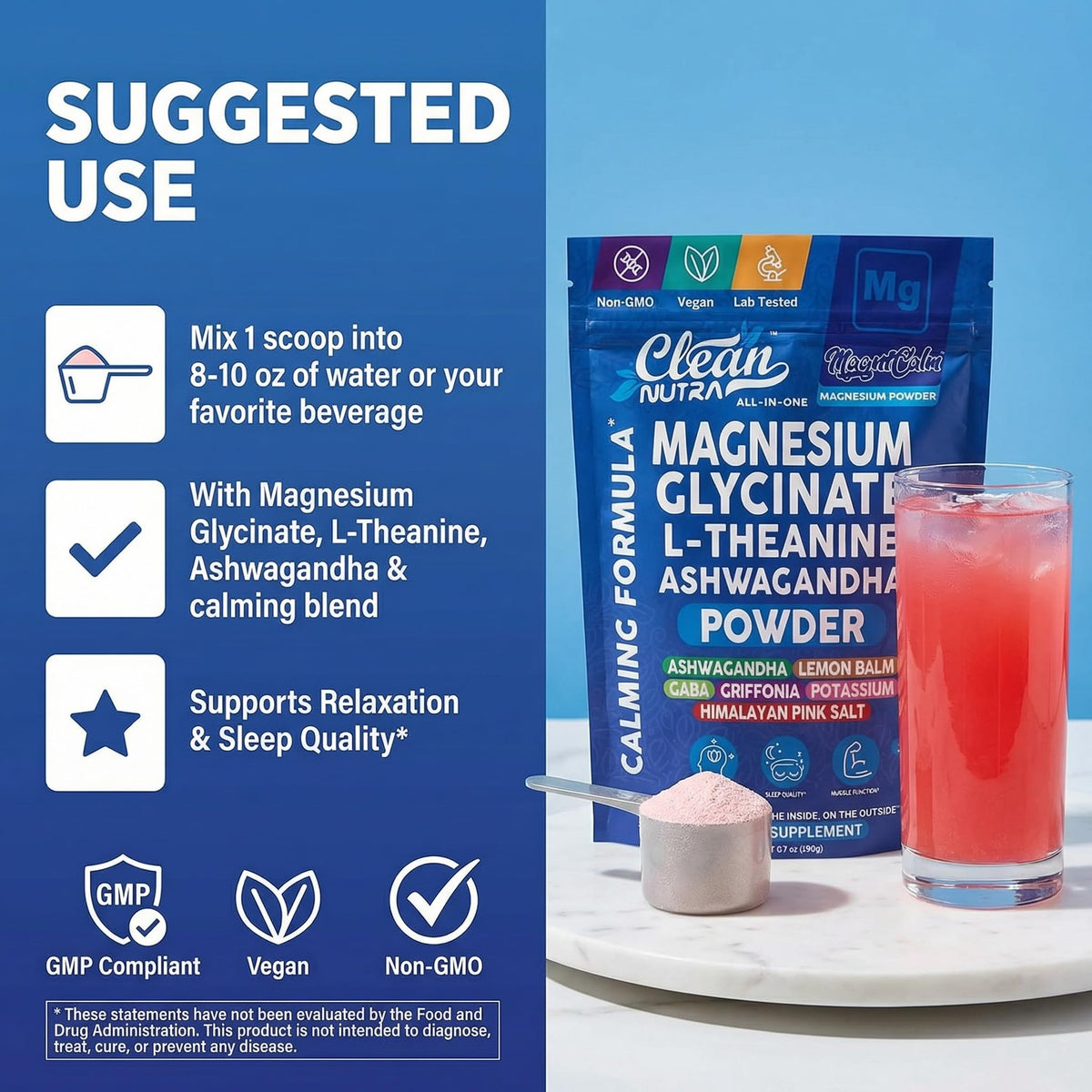Poudre de magnésium glycinate Clean Nutraceuticals vue de dessus