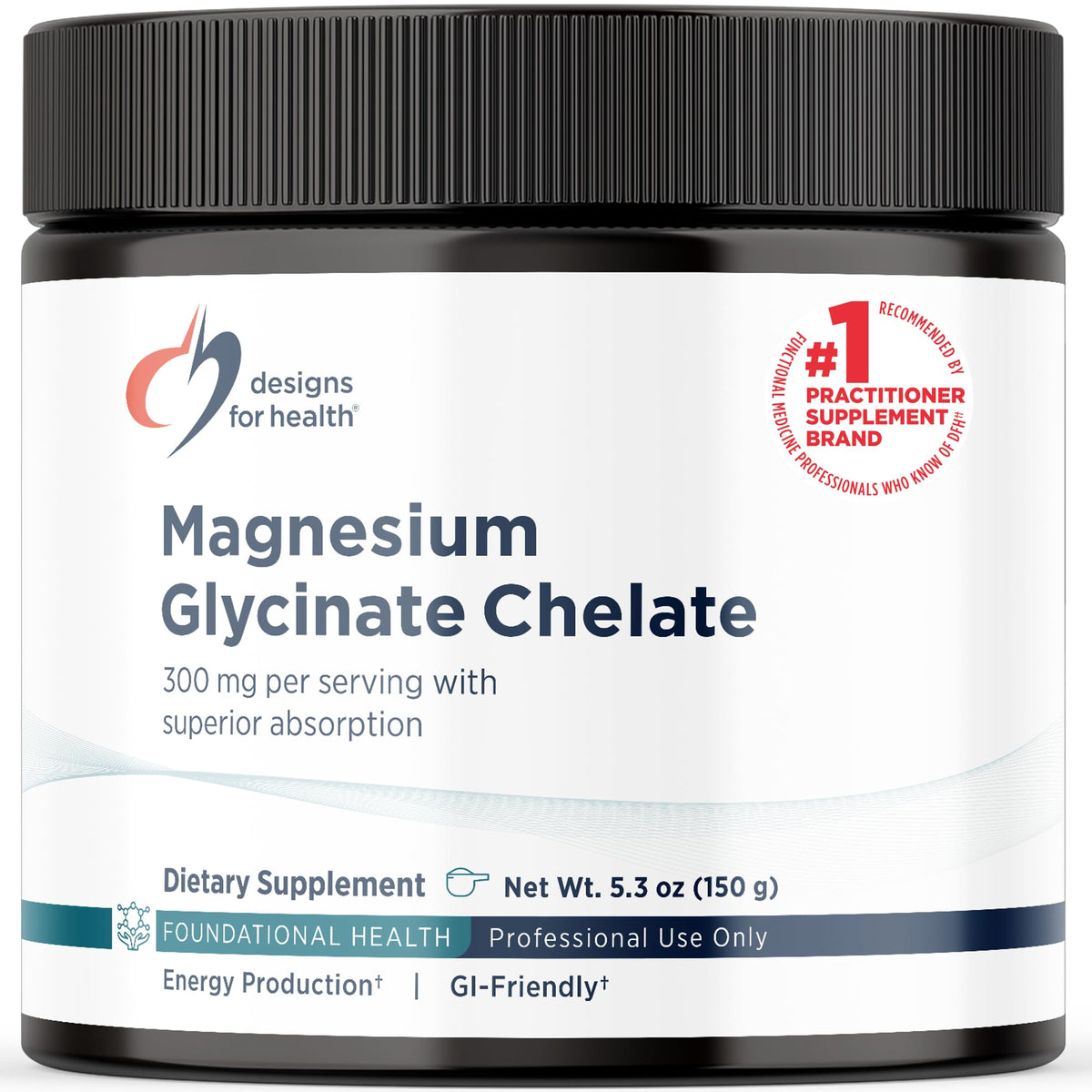 Poudre de magnésium glycinate Designs for Health, 300mg, orange, vue de face