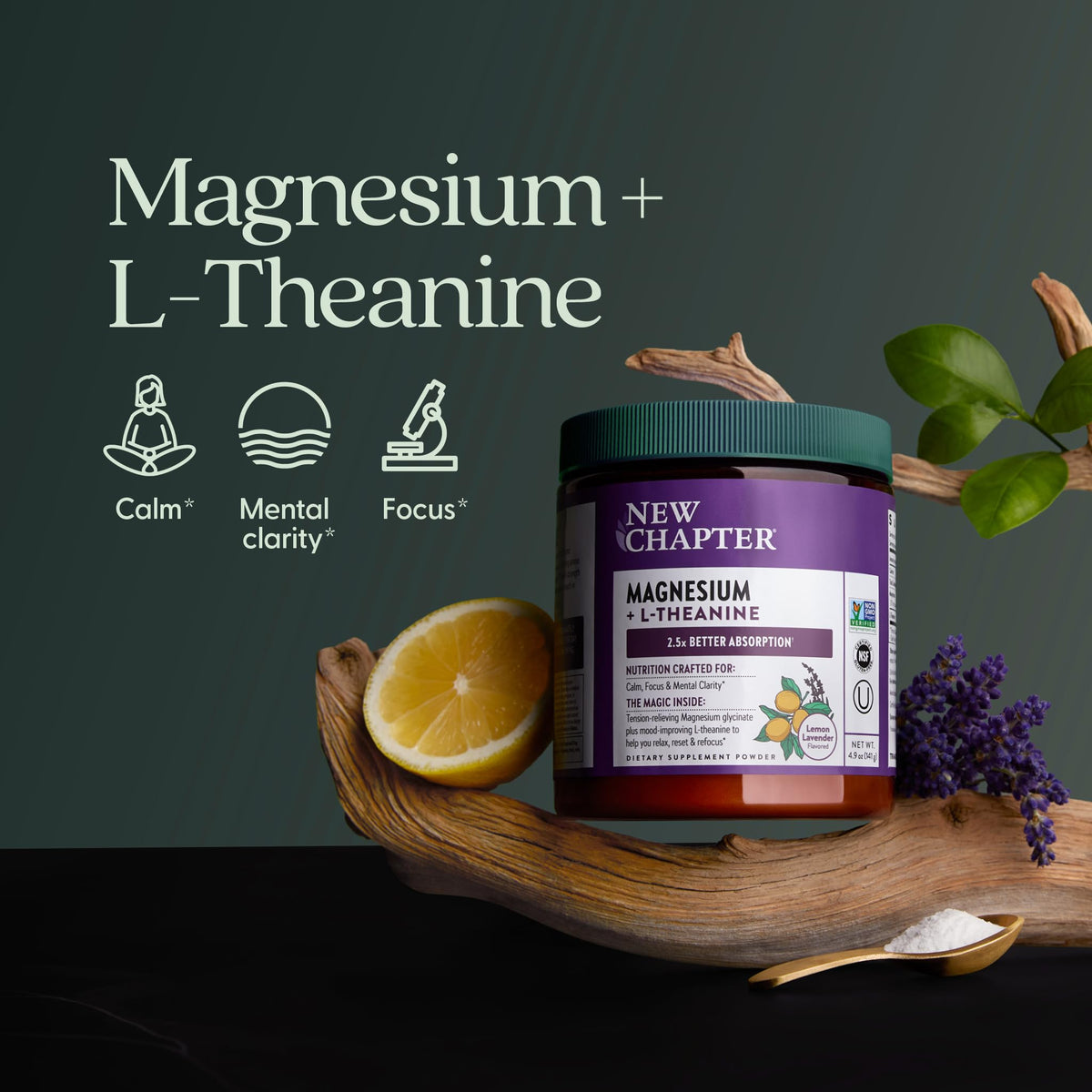 Poudre de magnésium glycinate et L-théanine New Chapter dans un shaker