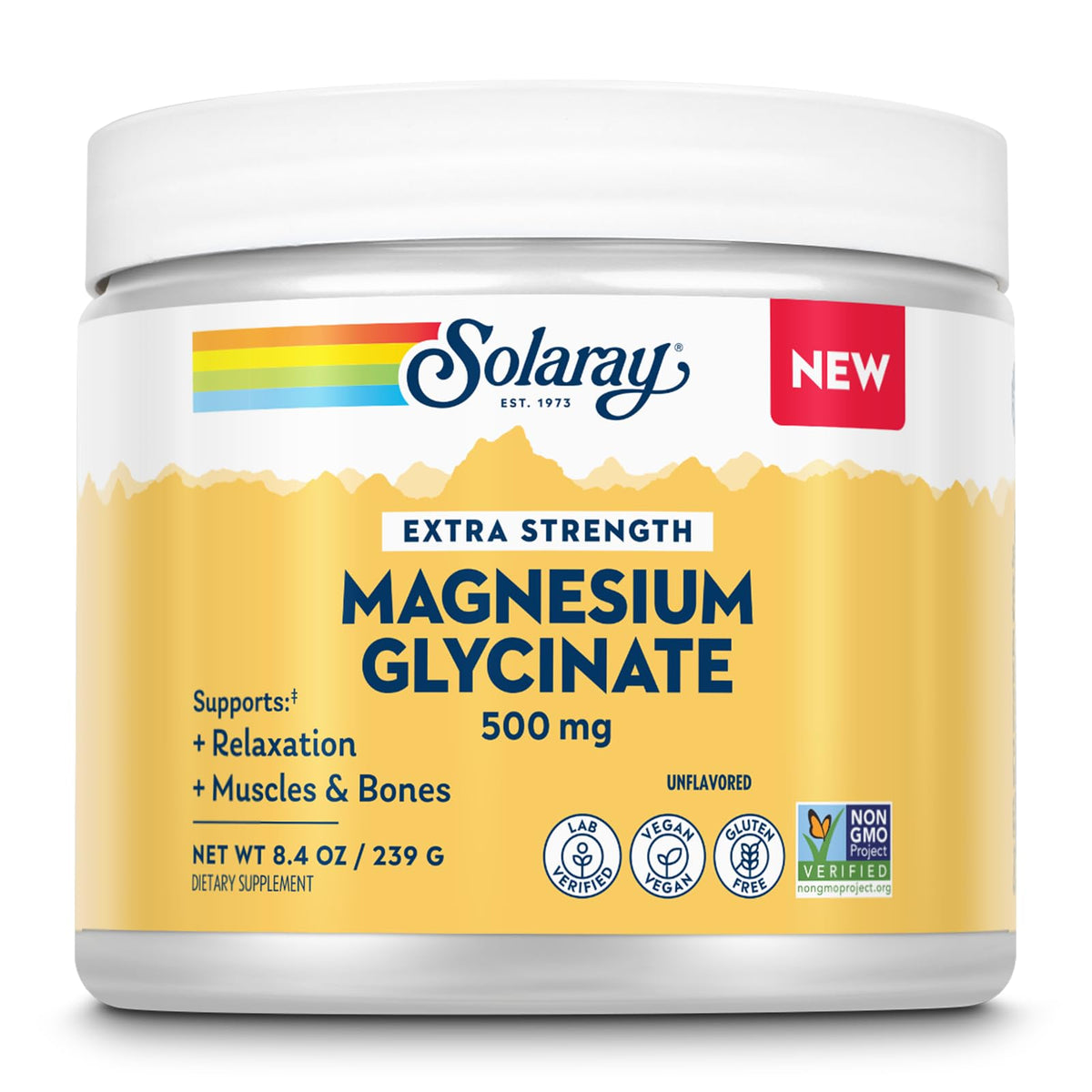 Poudre de magnésium glycinate SOLARAY 500 mg, vue avant