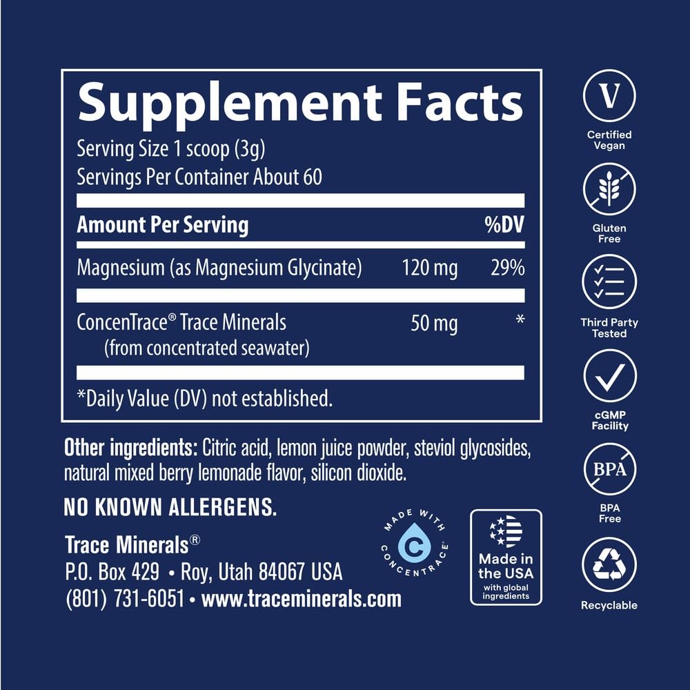 Poudre de magnésium glycinate Trace Minerals 240g dans un verre d'eau