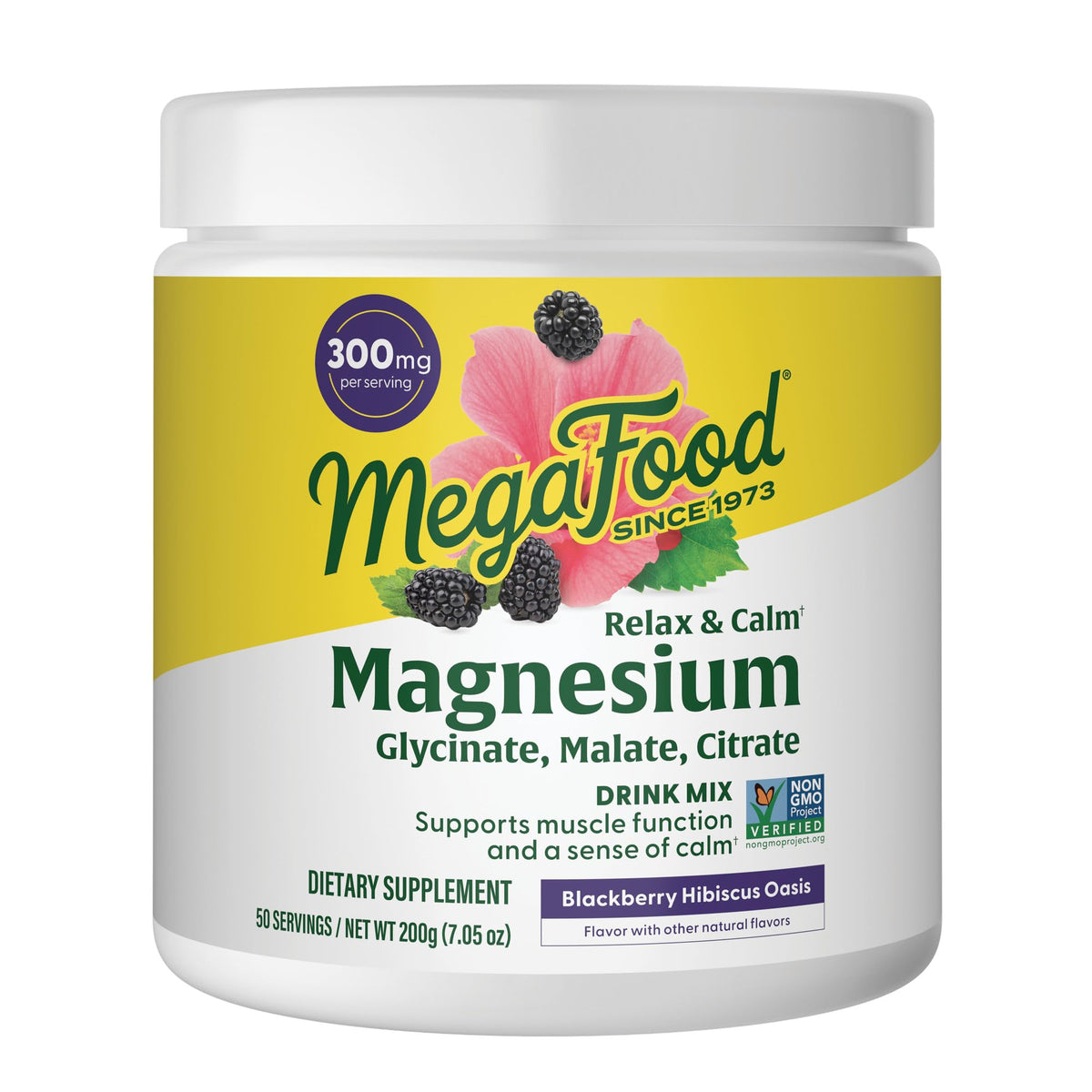 Poudre de magnésium MegaFood, saveur baie de mûre hibiscus, vue de face