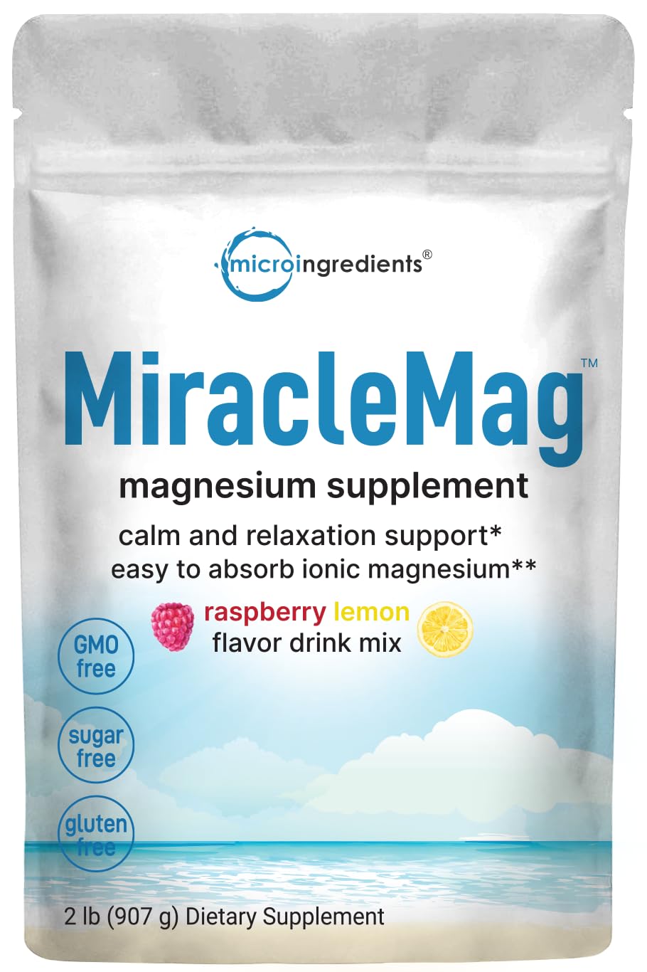 Poudre de magnésium MiracleMag Micro Ingredients 921g saveur framboise-citron vue de face