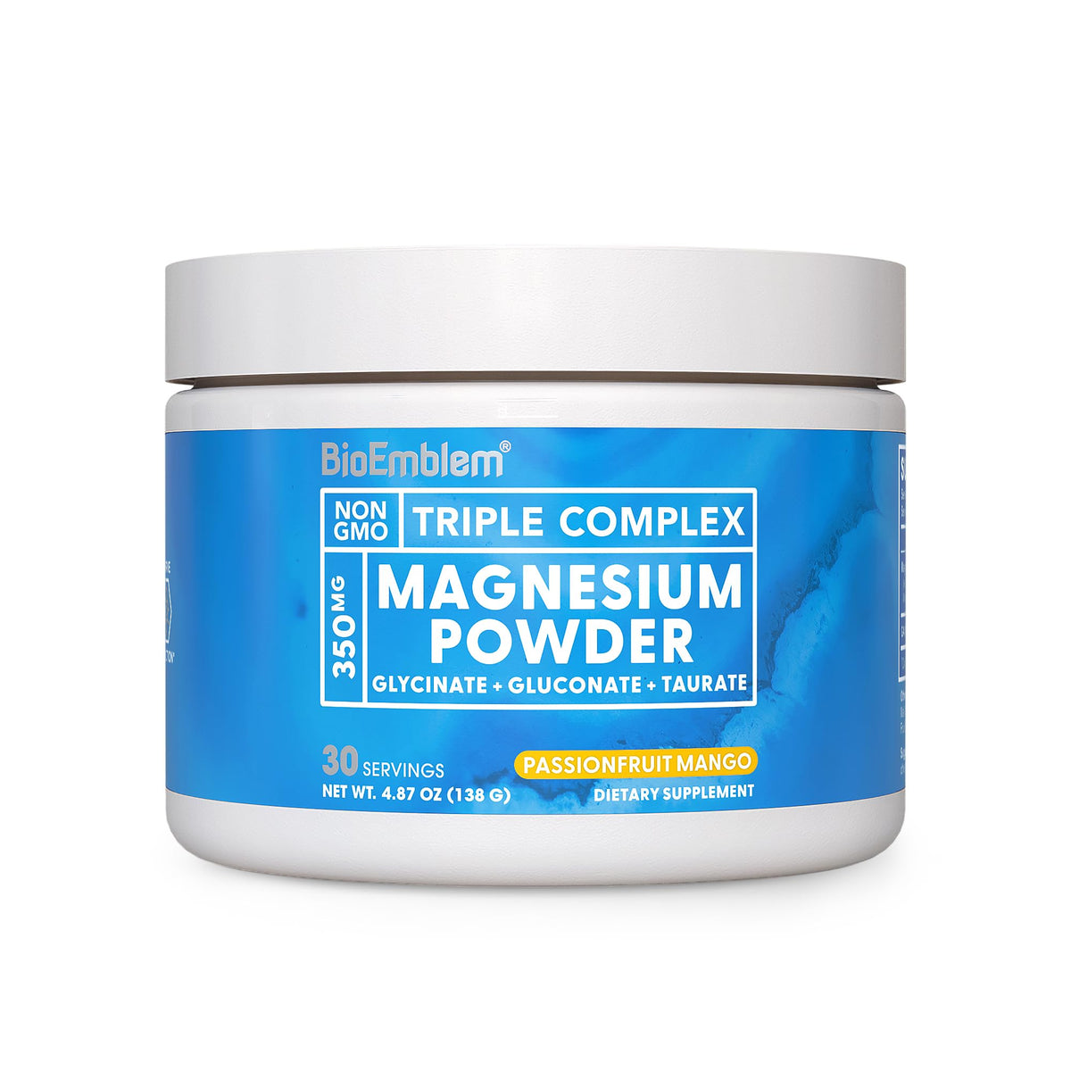 Poudre de magnésium triple BioEmblem 350mg saveur mangue passion vue avant