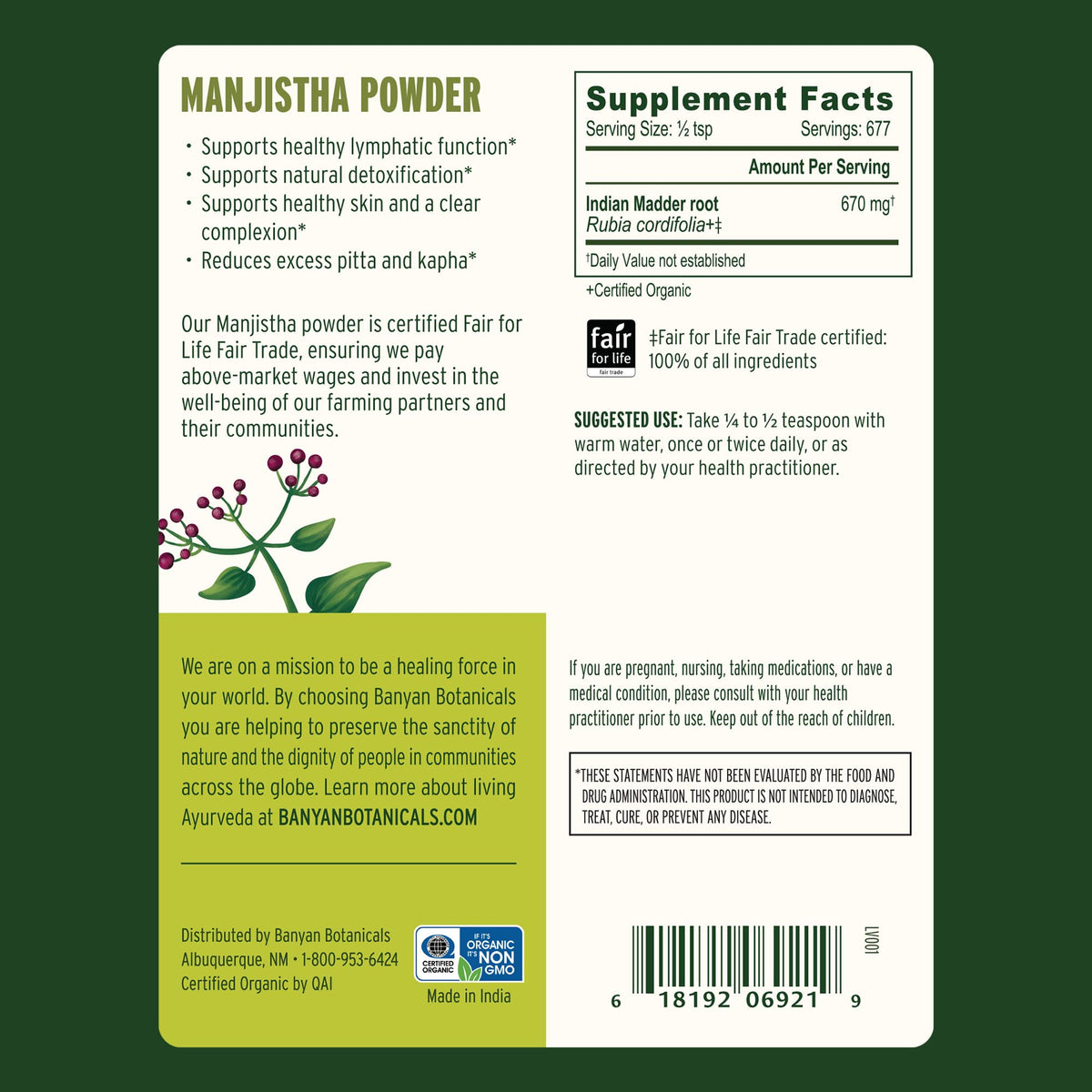 Poudre de Manjista Banyan Botanicals dans un bol en bois