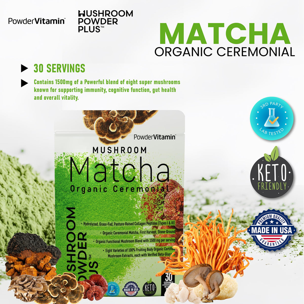 Poudre de Matcha aux Champignons Bio PowderVitamin en utilisation dans un smoothie