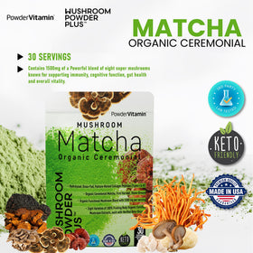 Poudre de Matcha aux Champignons Bio PowderVitamin en utilisation dans un smoothie