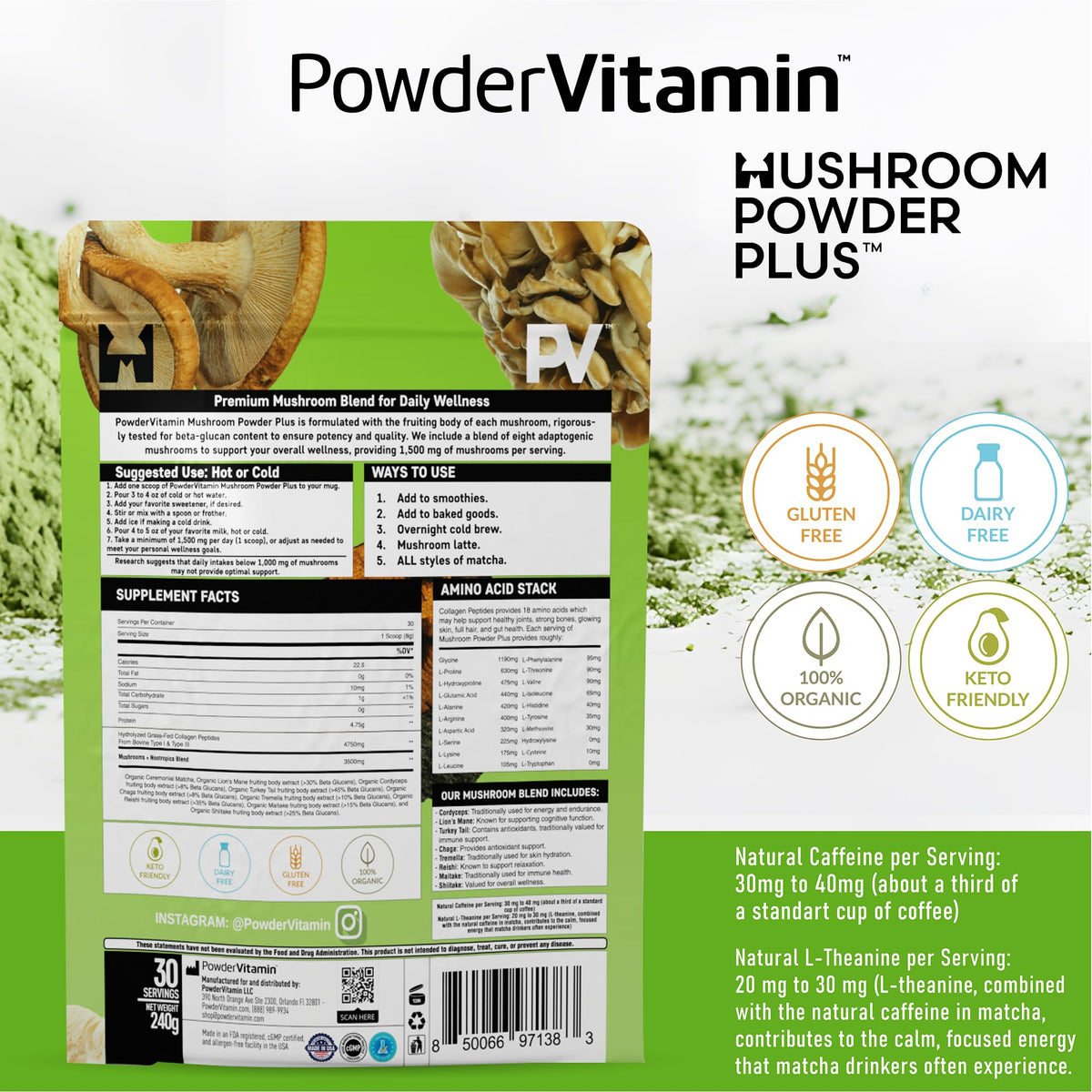 Poudre de Matcha aux Champignons Bio PowderVitamin vue de côté