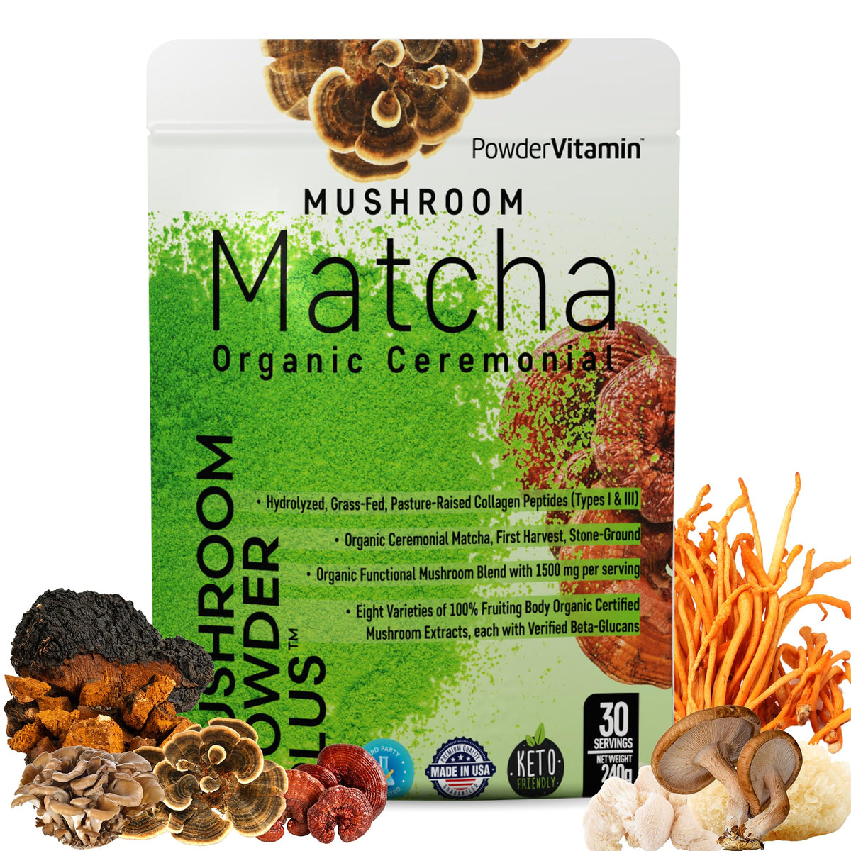 Poudre de Matcha aux Champignons Bio PowderVitamin vue de face