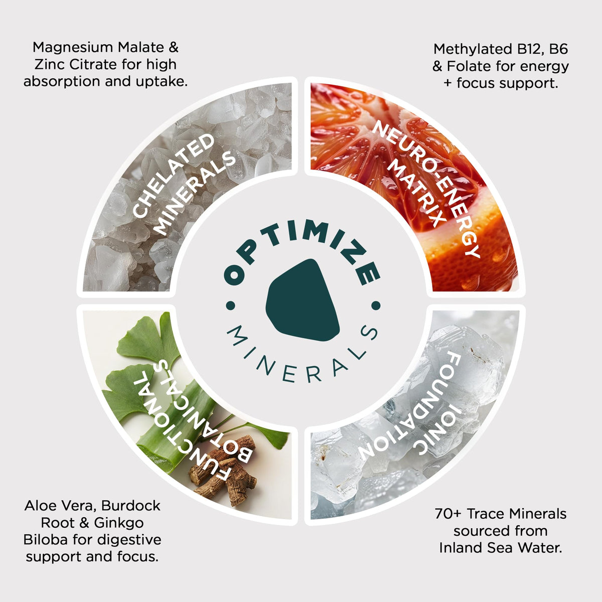 Poudre de minéraux trace Optimize Minerals sur une table