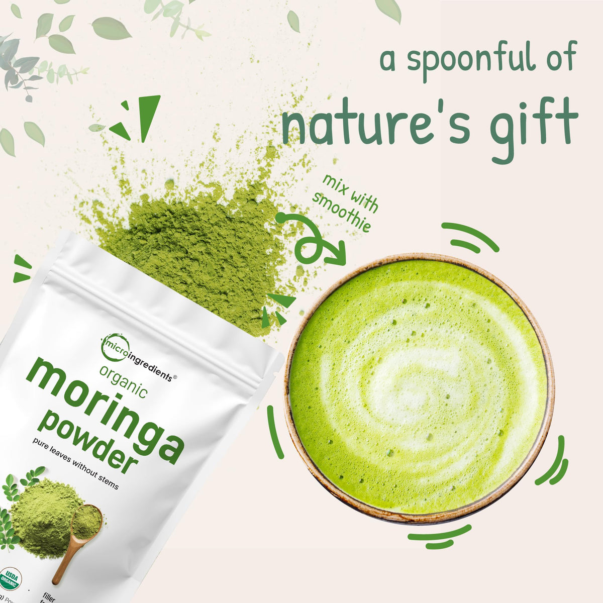 Poudre de Moringa Bio ajoutée à un smoothie