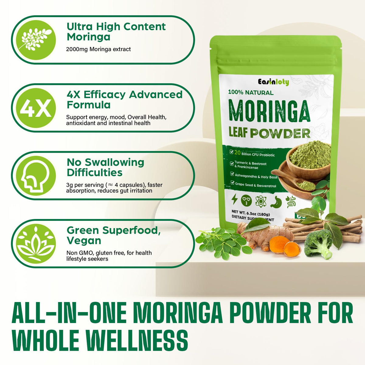 Poudre de moringa bio Easinloty dans un verre d'eau