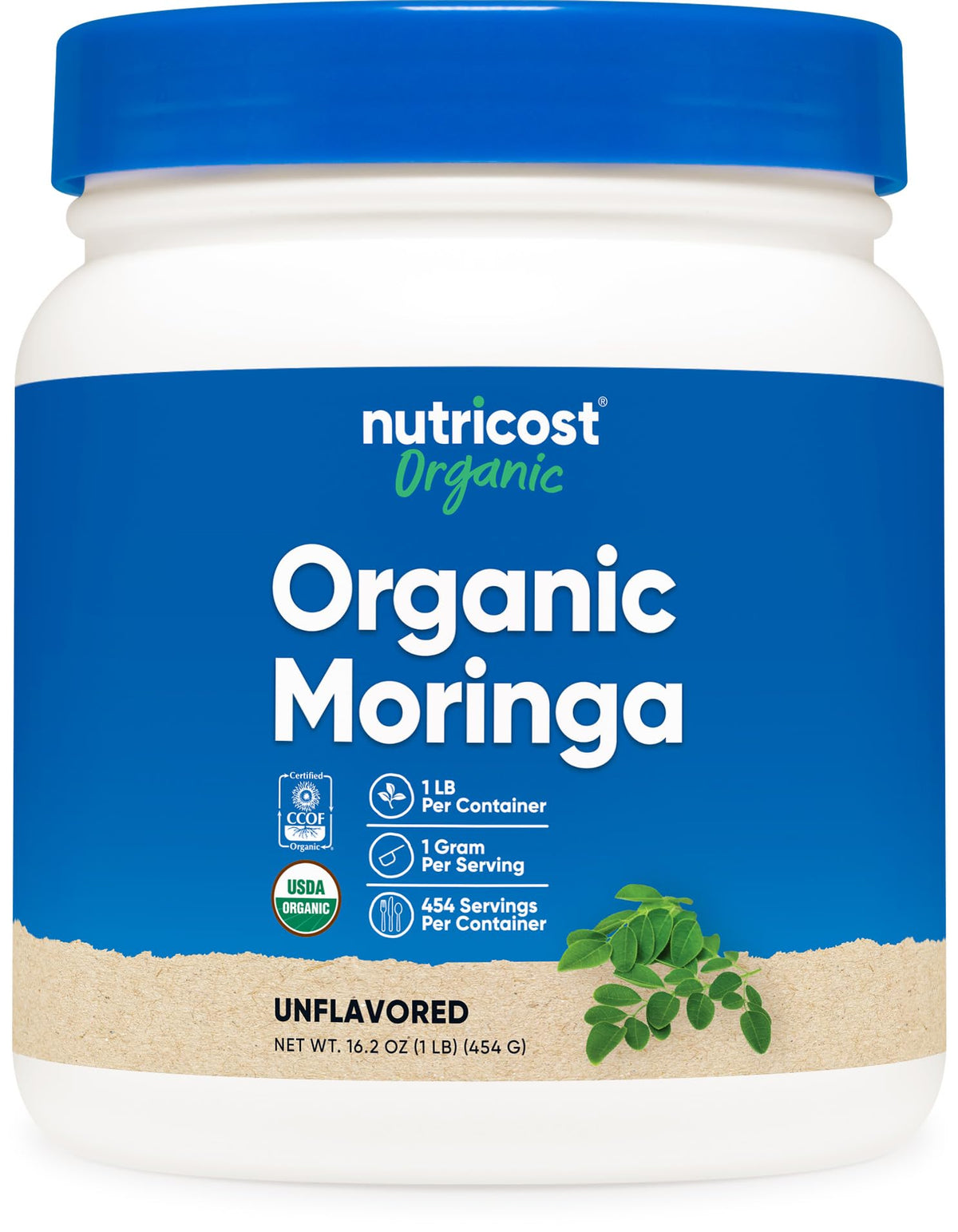 Poudre de moringa bio Nutricost 531g, vue de face
