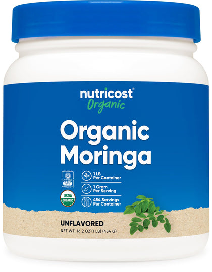 Poudre de moringa bio Nutricost 531g, vue de face
