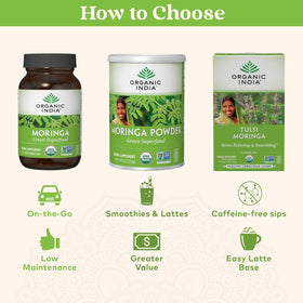 Poudre de Moringa Bio ORGANIC INDIA 575g, versée dans un bol