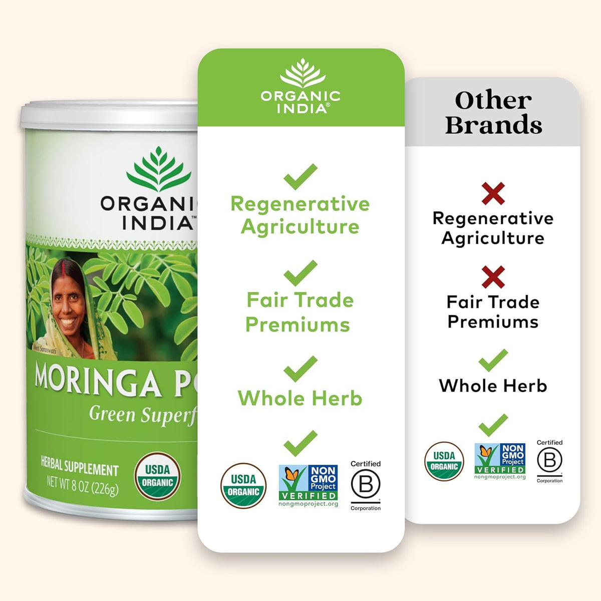 Poudre de Moringa Bio ORGANIC INDIA 575g, vue de côté