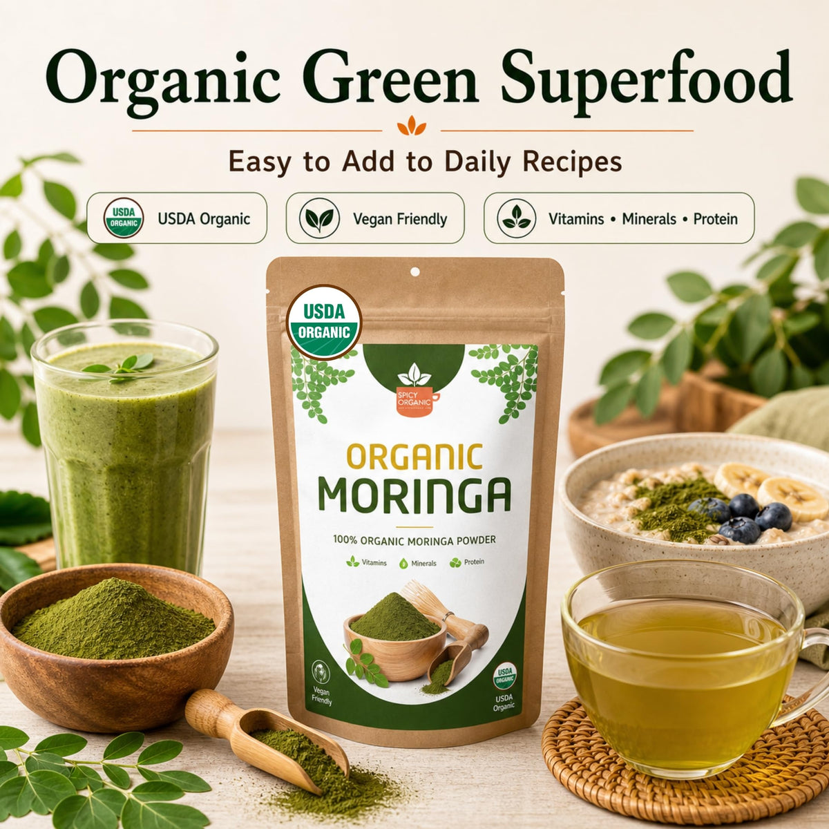 Poudre de Moringa Bio SPICY ORGANIC dans un bol avec cuillère