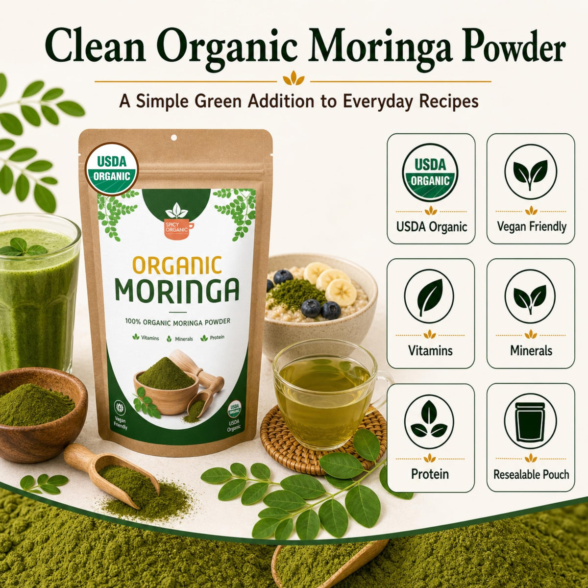 Poudre de Moringa Bio SPICY ORGANIC en utilisation dans un smoothie