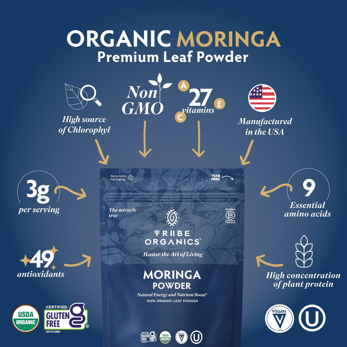 Poudre de Moringa Bio TRIBE ORGANICS 200g versée dans un bol