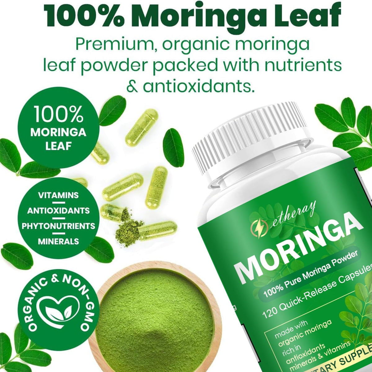 Poudre de Moringa dans une cuillère avec capsules etheray