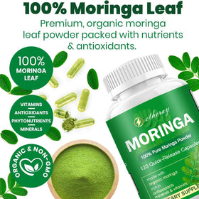 Poudre de Moringa dans une cuillère avec capsules etheray