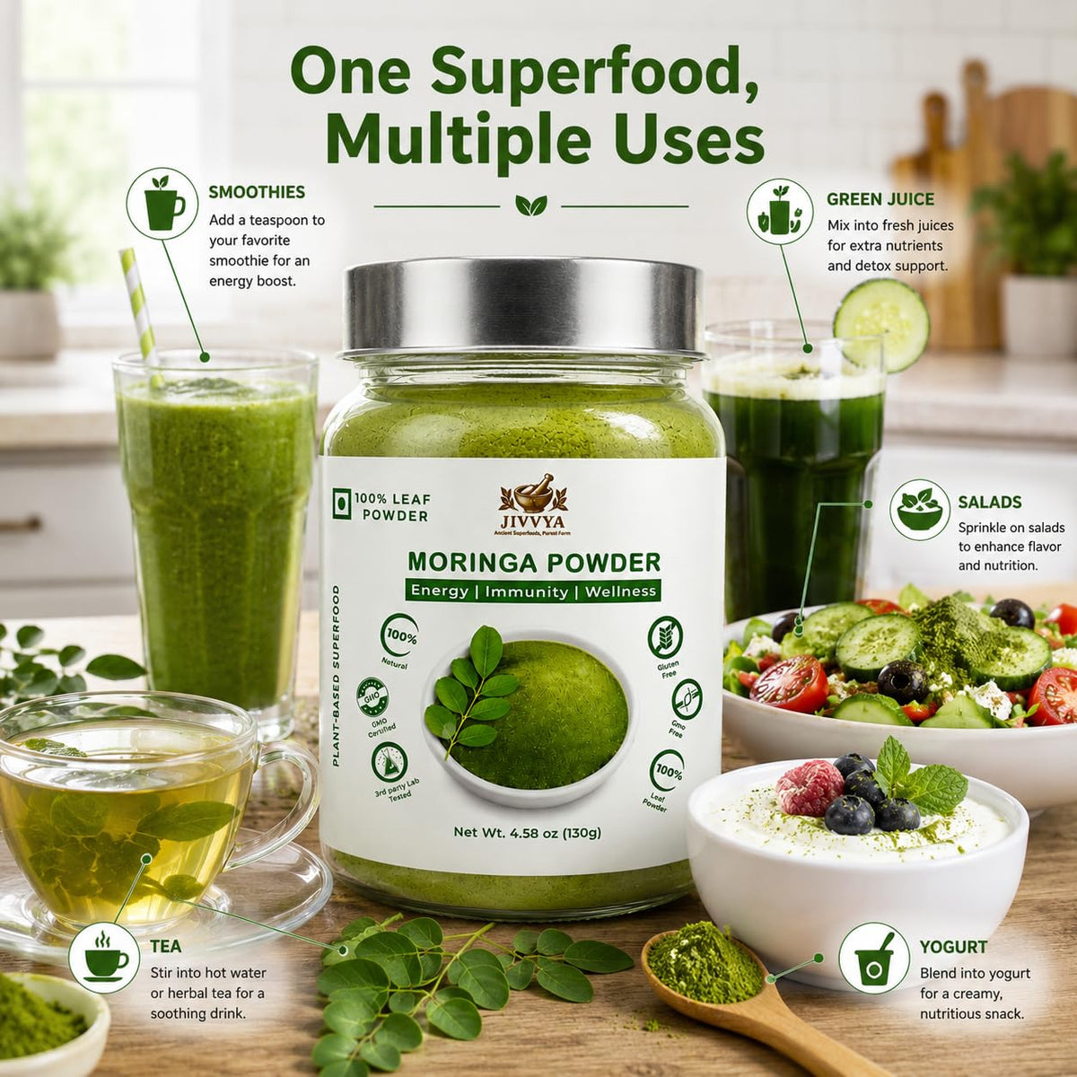 Poudre de Moringa JIVVYA 130g avec une cuillère à mesurer