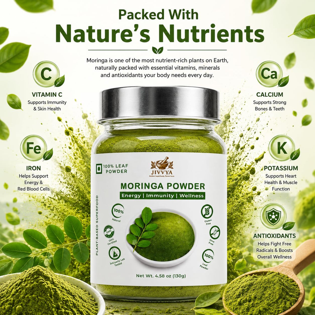 Poudre de Moringa JIVVYA 130g présentée avec des ingrédients naturels