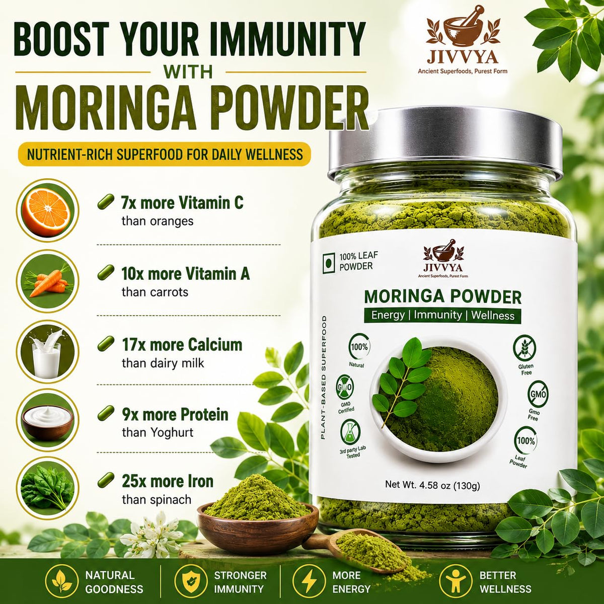 Poudre de Moringa JIVVYA 130g versée dans un bol