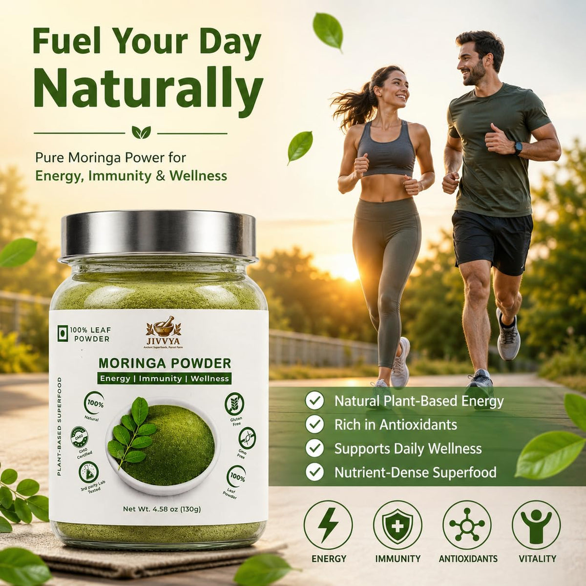 Poudre de Moringa JIVVYA 130g vue de dos avec informations nutritionnelles