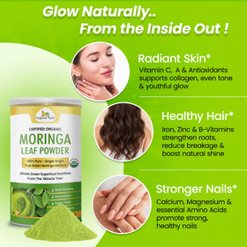 Poudre de Moringa Organic Veda avec un verre d'eau