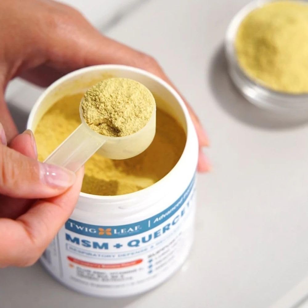Poudre de MSM + Quercétine Twig & Leaf 181g en préparation de smoothie