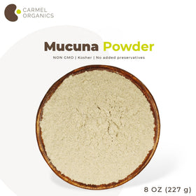 Poudre de Mucuna Pruriens CARMEL ORGANICS sur un plan de travail