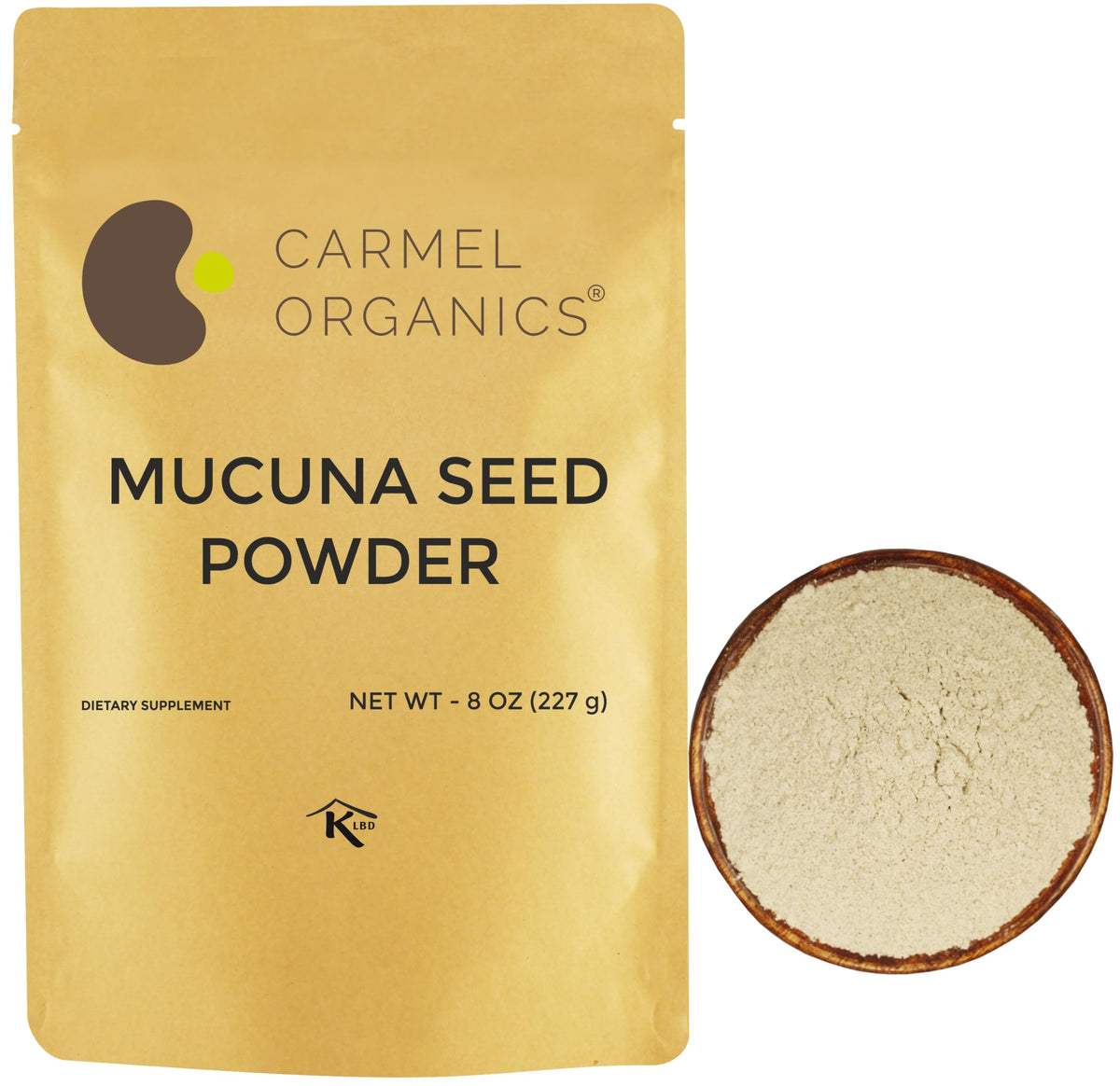 Poudre de Mucuna Pruriens CARMEL ORGANICS vue de face dans son emballage