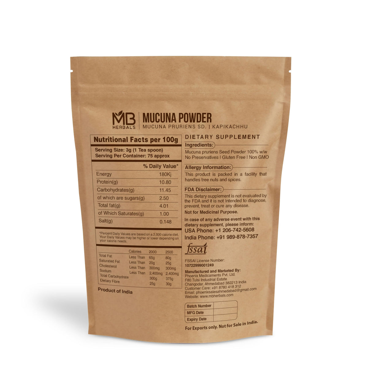Poudre de Mucuna Pruriens MB Herbals 240g en poudre fine dans un bol