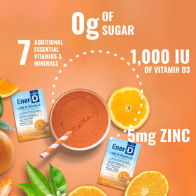 Poudre de multivitamines Ener-C sur une table avec des fruits