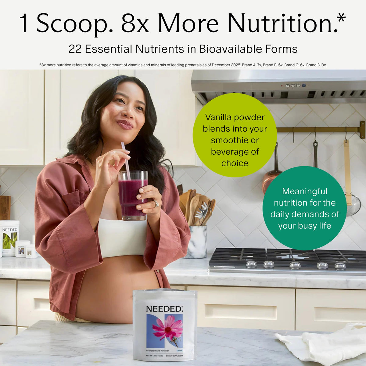 Poudre de multivitamines prénatales Needed. sur une table avec des ingrédients