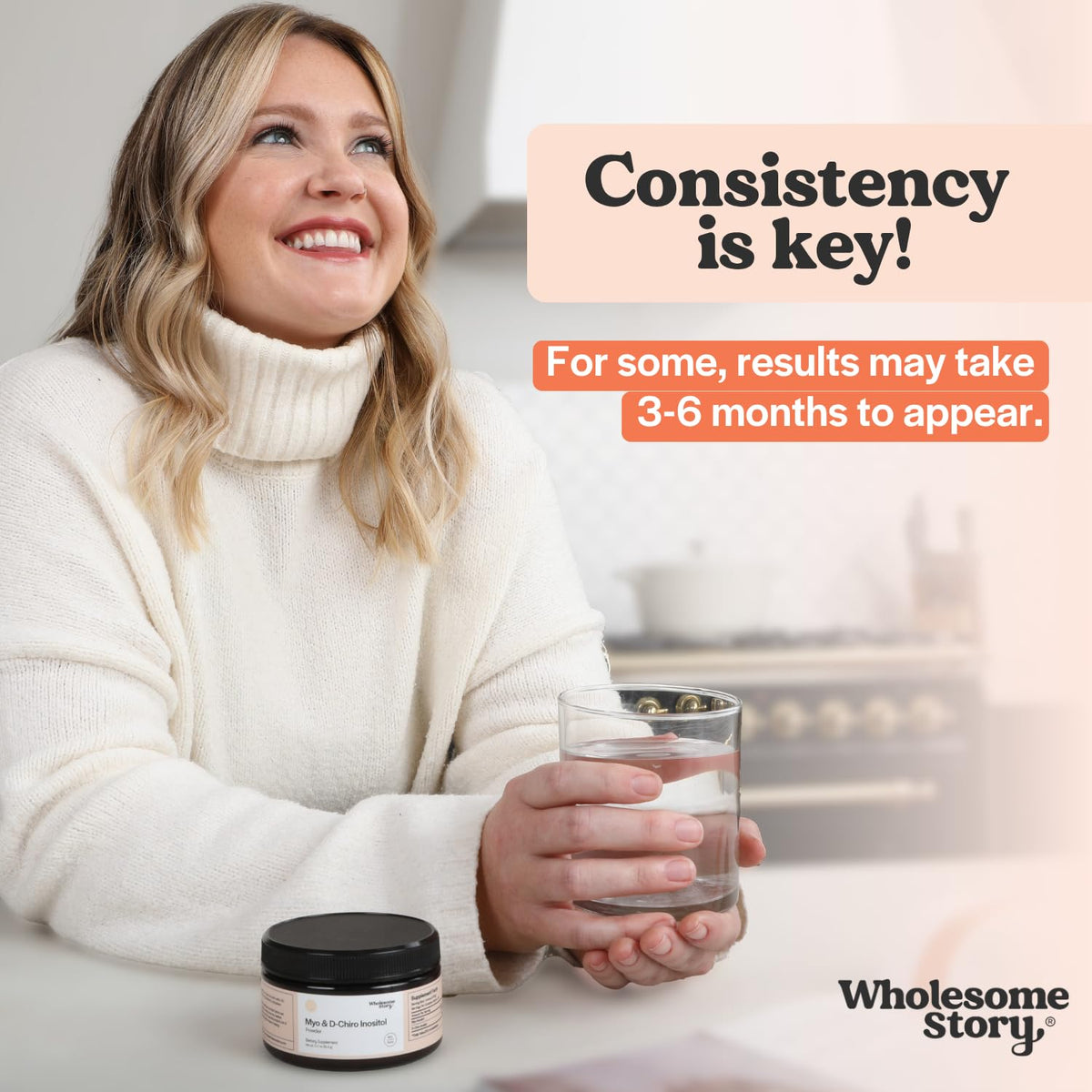 Poudre de Myo-Inositol et D-Chiro Inositol Wholesome Story sur une table
