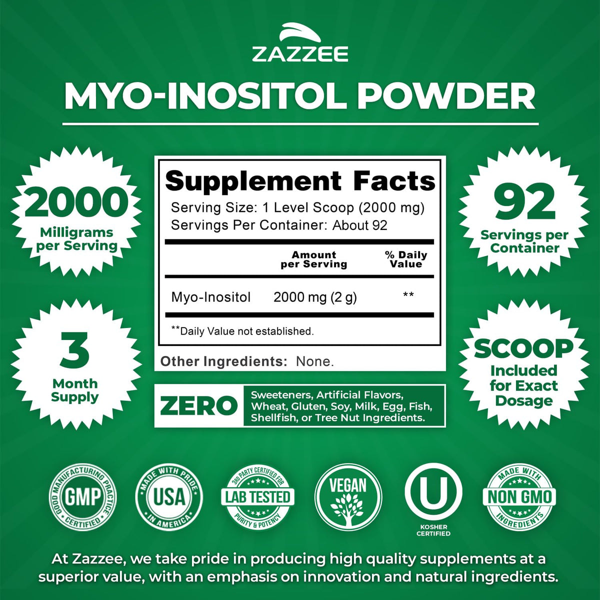 Poudre de Myo-Inositol Zazzee 2000 mg, cuillère doseuse incluse