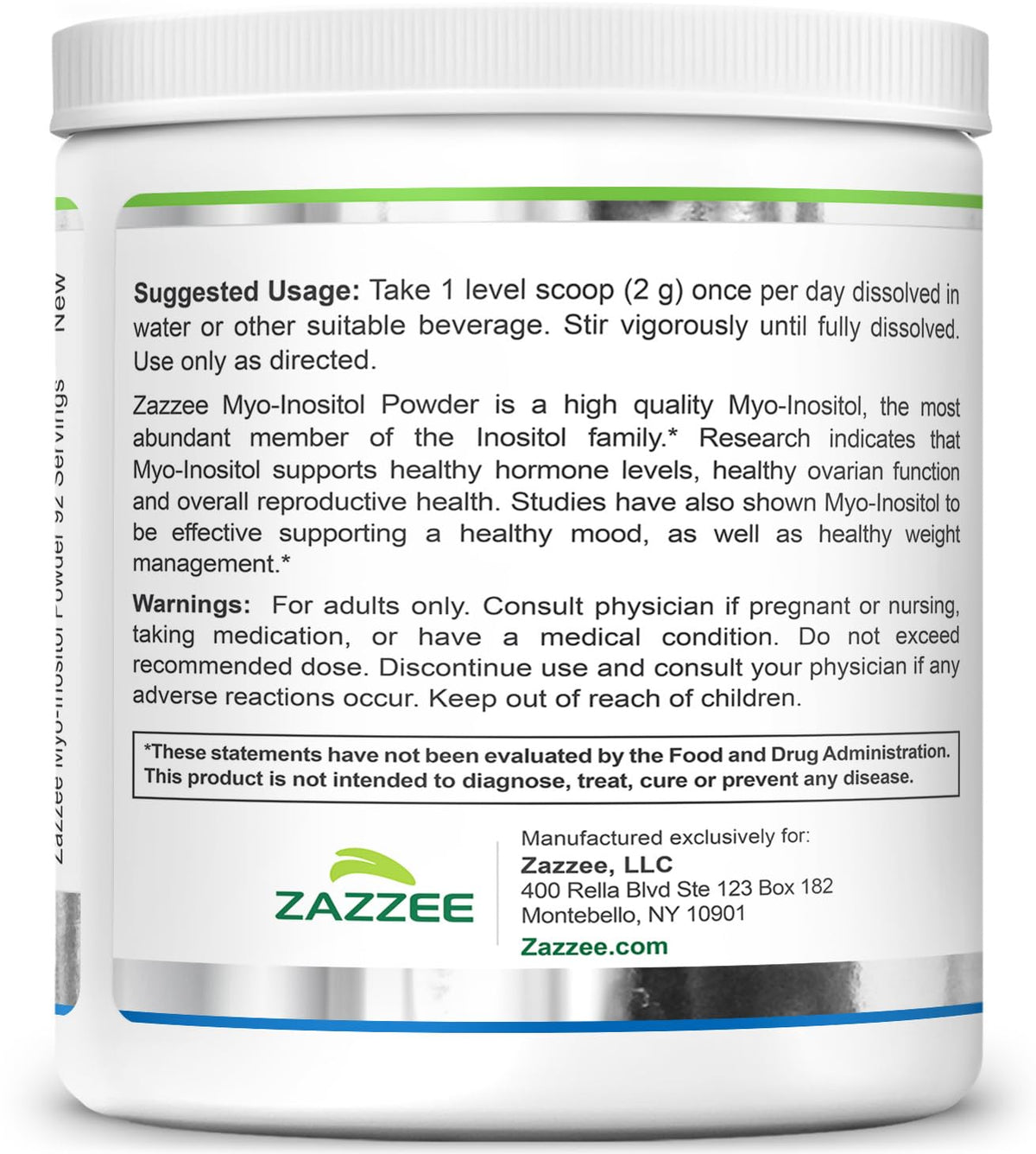 Poudre de Myo-Inositol Zazzee 2000 mg, informations nutritionnelles