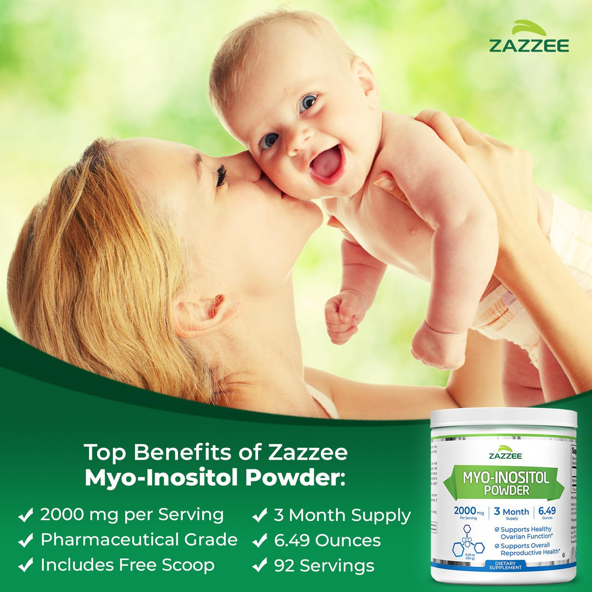 Poudre de Myo-Inositol Zazzee 2000 mg, vue de côté
