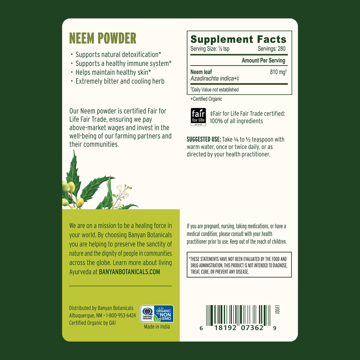Poudre de Neem Bio Banyan Botanicals en utilisation pour un masque