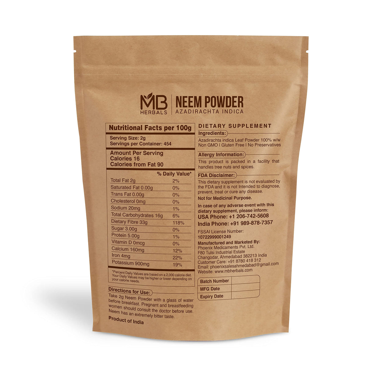 Poudre de Neem MB Herbals 908g vue arrière avec étiquette informative