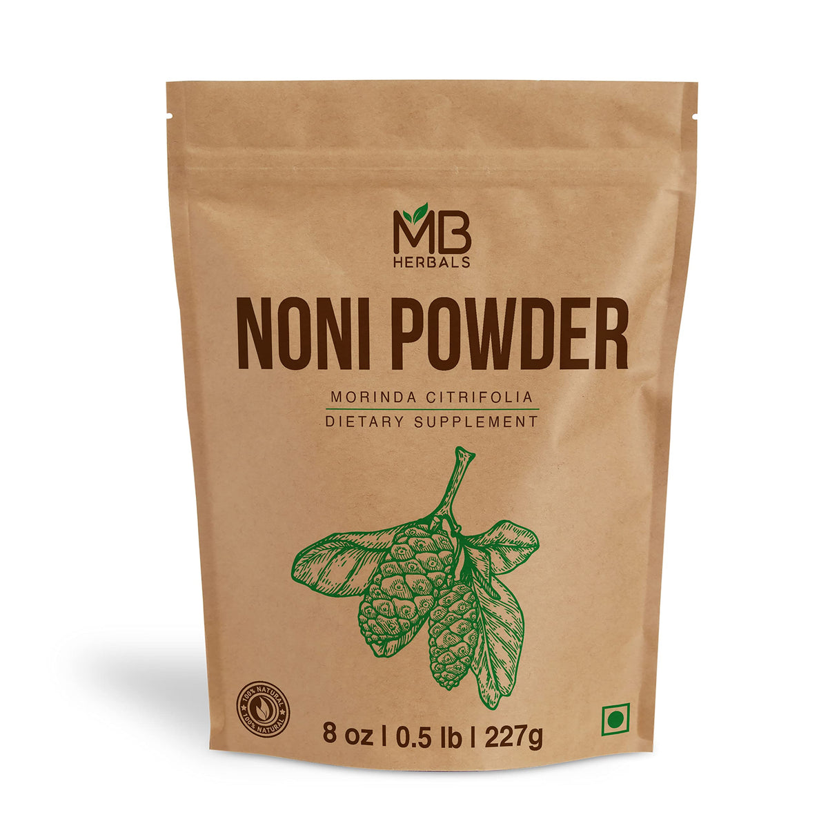 Poudre de Noni MB Herbals 227g vue de face avec étiquette